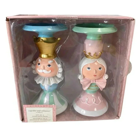 Cupcakes & Cashmere Nutcracker Couple Christmas Set of 2 Candleholders Pastels - Picture 1 of 8